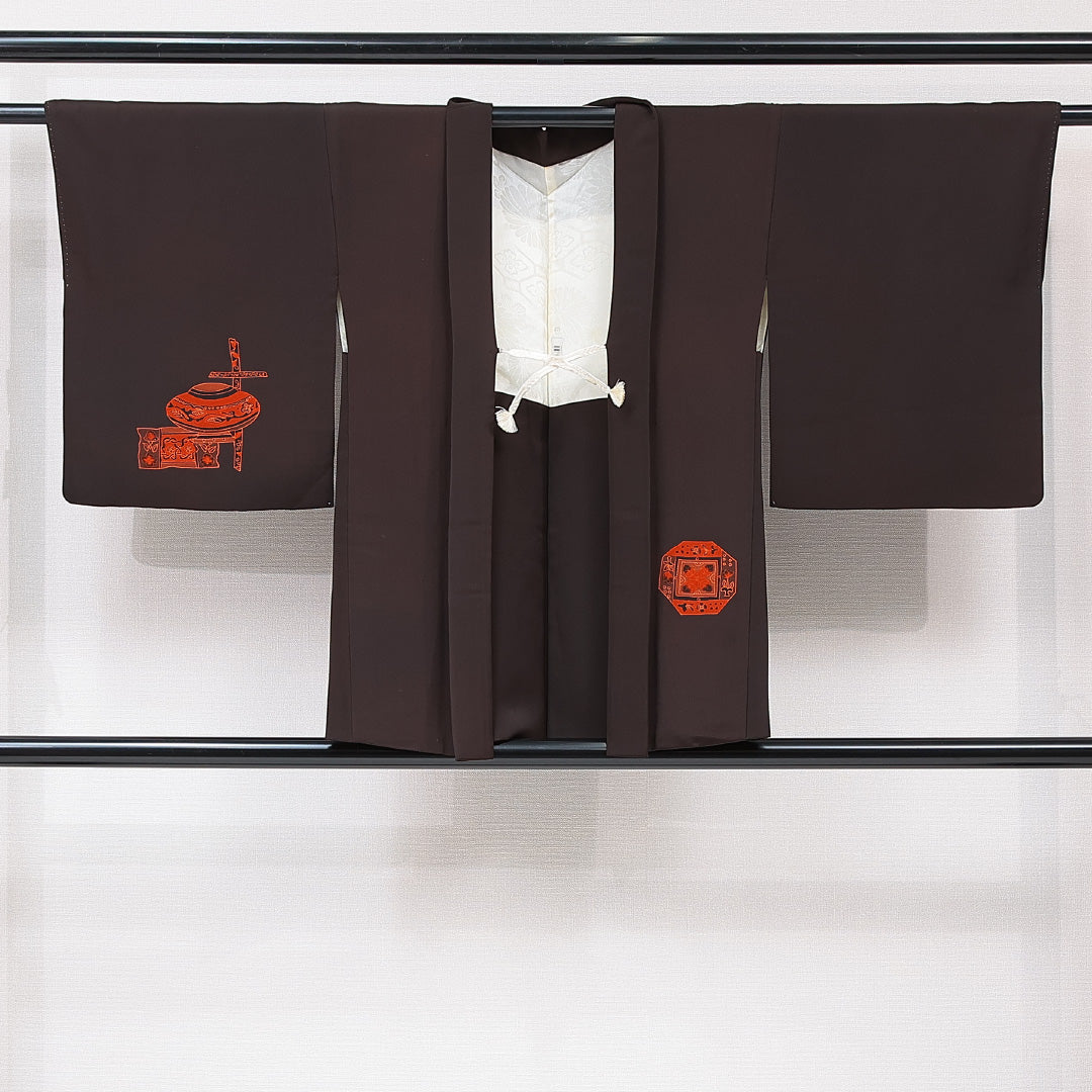 羽織 袷 身丈77cm 裄丈62cm 正絹 Sランク カジュアル Sサイズ 紐あり 茶道具 茶系 RP 1232-15310