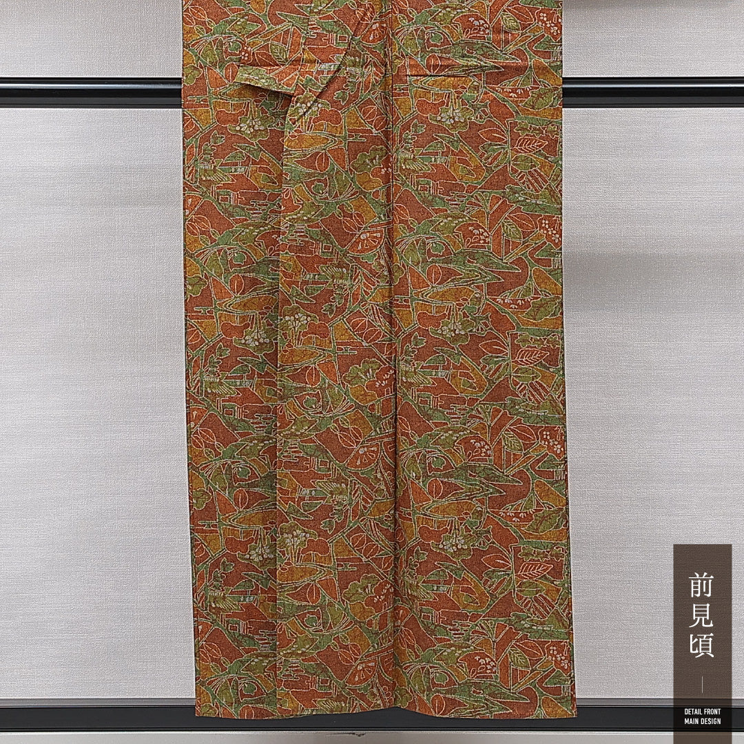洗える着物 ウールの紬 単衣 身丈152cm 裄丈62cm ウール Sランク カジュアル バチ衿 Sサイズ 植物柄 茶系 RP 1223-15367