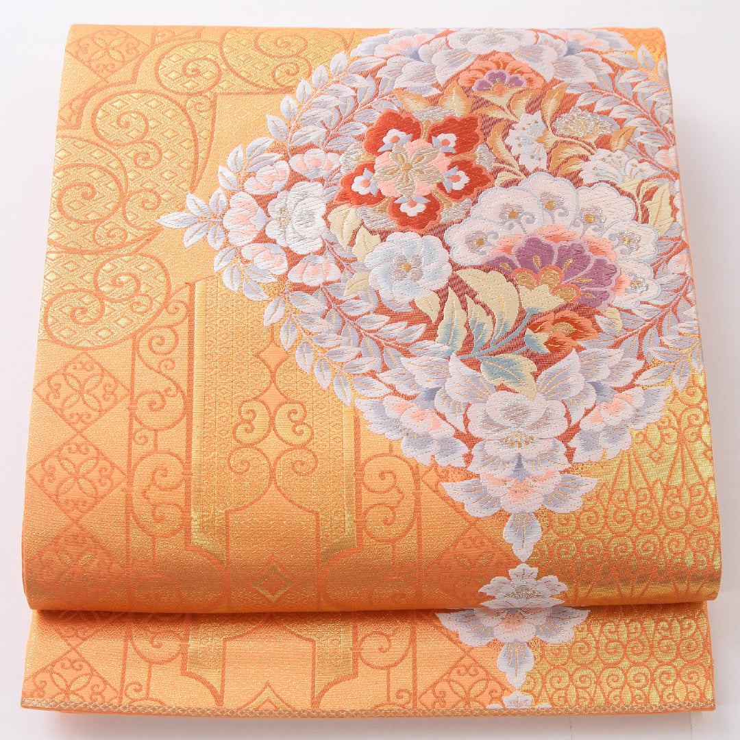 袋帯 帯丈428cm 西方煌秀華文 フォーマル 六通 Sランク 正絹 宝相華 ピンク系 金系 1223-02243