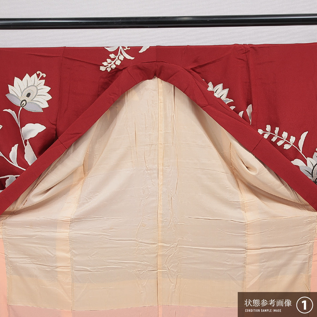 付下げ 袷 身丈156cm 裄丈63cm 正絹 Sランク インフォーマル バチ衿 Mサイズ 植物柄 赤系 RP 1218-15507