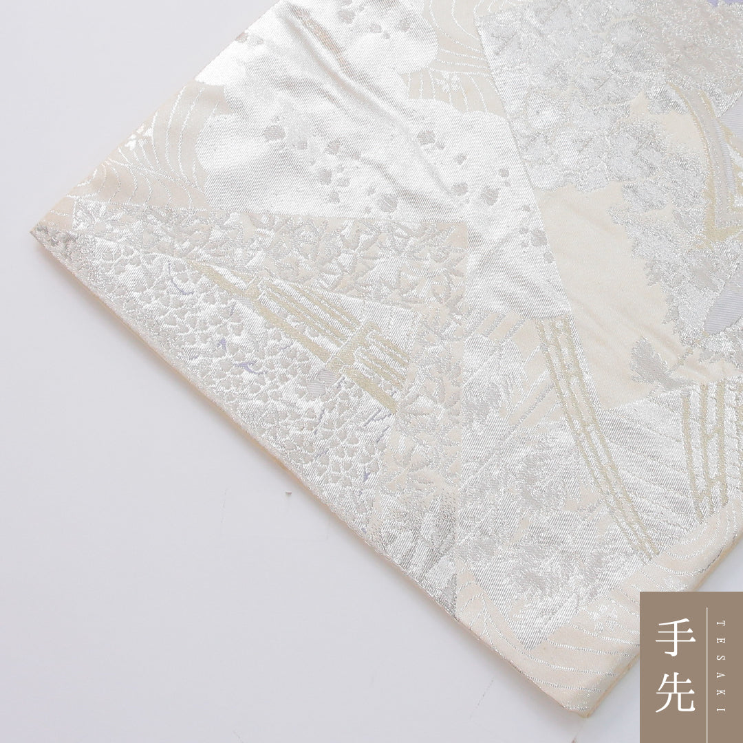 袋帯 帯丈432cm プラチナ箔二重織 フォーマル 六通 Aランク 正絹 寺社仏閣 銀系 1223-02316