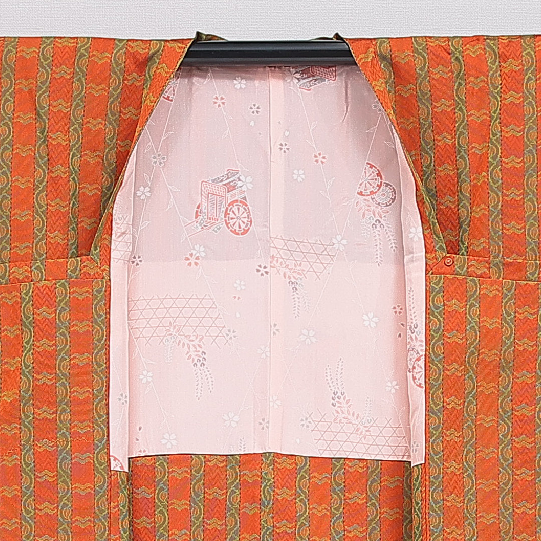 道行コート 袷 身丈87cm 裄丈65cm 正絹 Sランク セミフォーマル Mサイズ ポケットあり 創作柄 朱系 RP 1237-16132