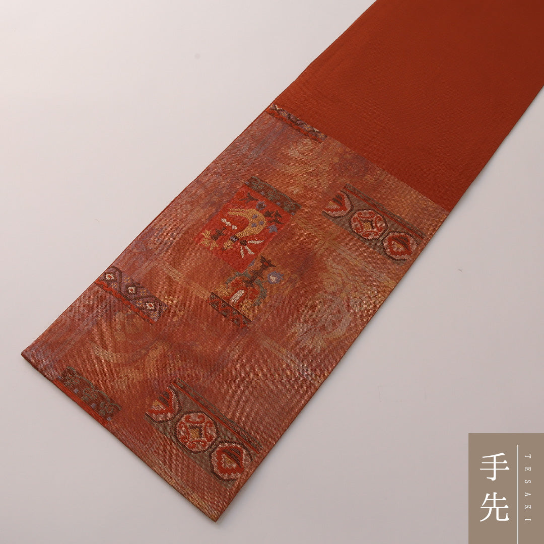 袋帯 帯丈428cm セミフォーマル 六通 Aランク 正絹 創作柄 朱系 1223-01907