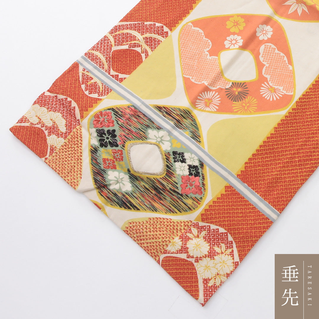 アンティーク 九寸名古屋帯 帯丈321cm 名古屋仕立て 全通 Aランク 正絹 染め帯 刺繍 花菱 橘 朱系 1224-03977