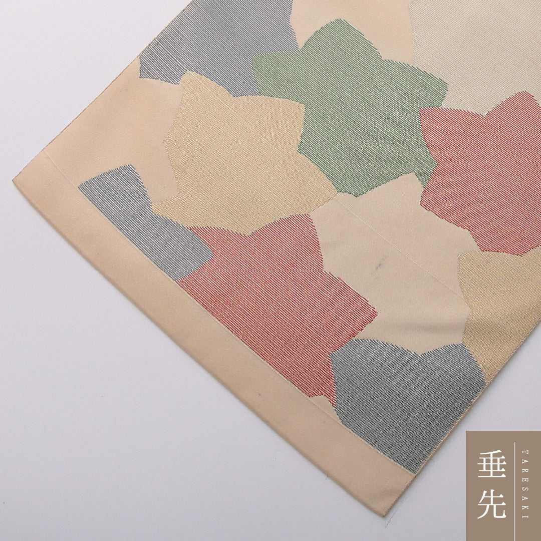 八寸名古屋帯 Cランク 帯丈365cm 正絹 六通 名古屋仕立て 織り カジュアル 楓 クリーム系 RP 1245-03414