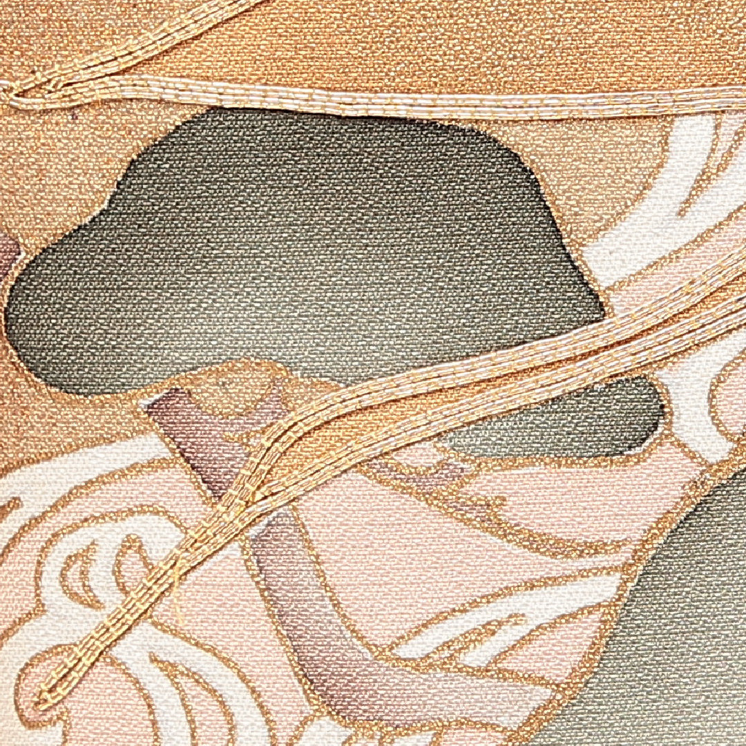 訪問着 袷 身丈155cm 裄丈63cm 正絹 Sランク Mサイズ 広衿 一つ紋（丸に違い鷹の羽） セミフォーマル 扇 椿 金駒刺繍 ベージュ系 1212-16872