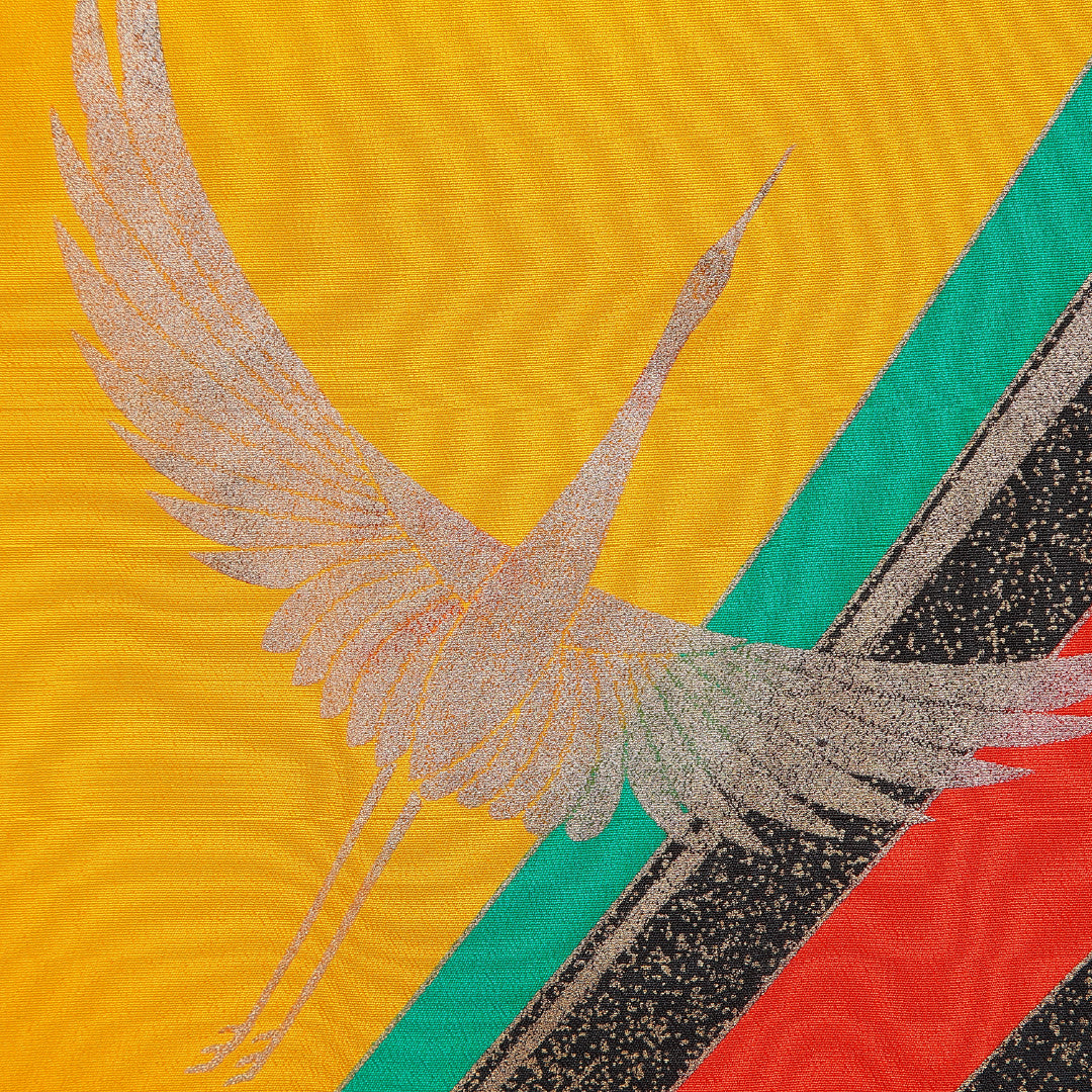 訪問着 洗える着物 単衣 身丈155cm 裄丈62cm ポリエステル Bランク Mサイズ バチ衿 セミフォーマル 鶴 黄系 1212-16336