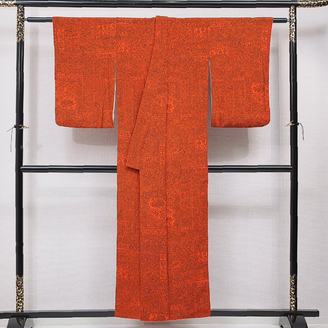 アンティーク 小紋 袷 身丈155cm 裄丈62cm 正絹 Aランク Mサイズ バチ衿 更紗 ちりめん 花柄 赤系 朱系 1215-15683