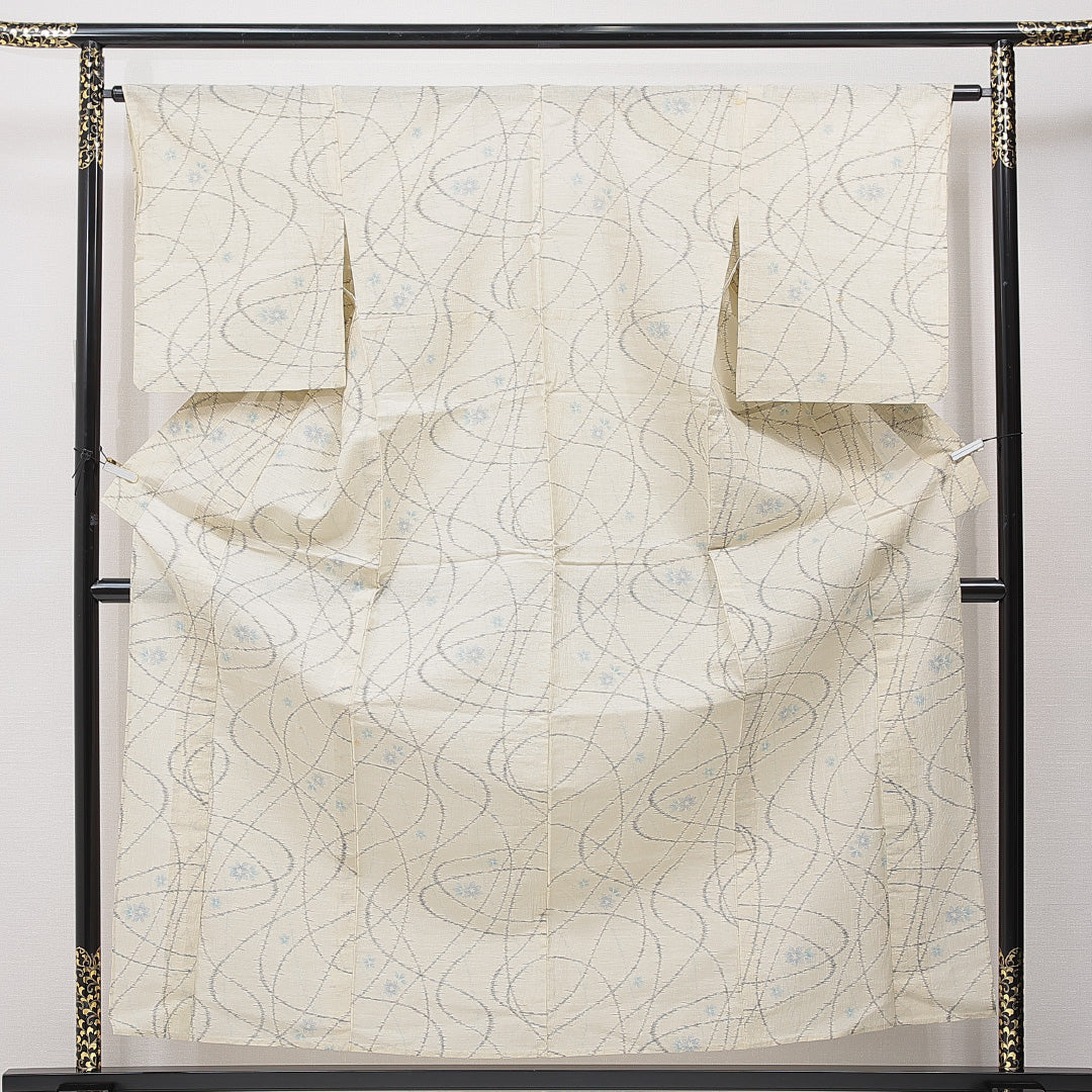 麻の紬（小千谷縮） 夏物 洗える着物 単衣 身丈159cm 裄丈62cm 麻 Cランク Mサイズ バチ衿 カジュアル 創作柄 クリーム系 1216-15369