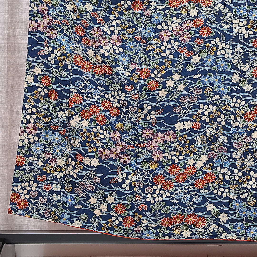 小紋 袷 身丈156cm 裄丈62cm 正絹 Sランク インフォーマル 広衿 Mサイズ 菊 青系 RP 1221-15638