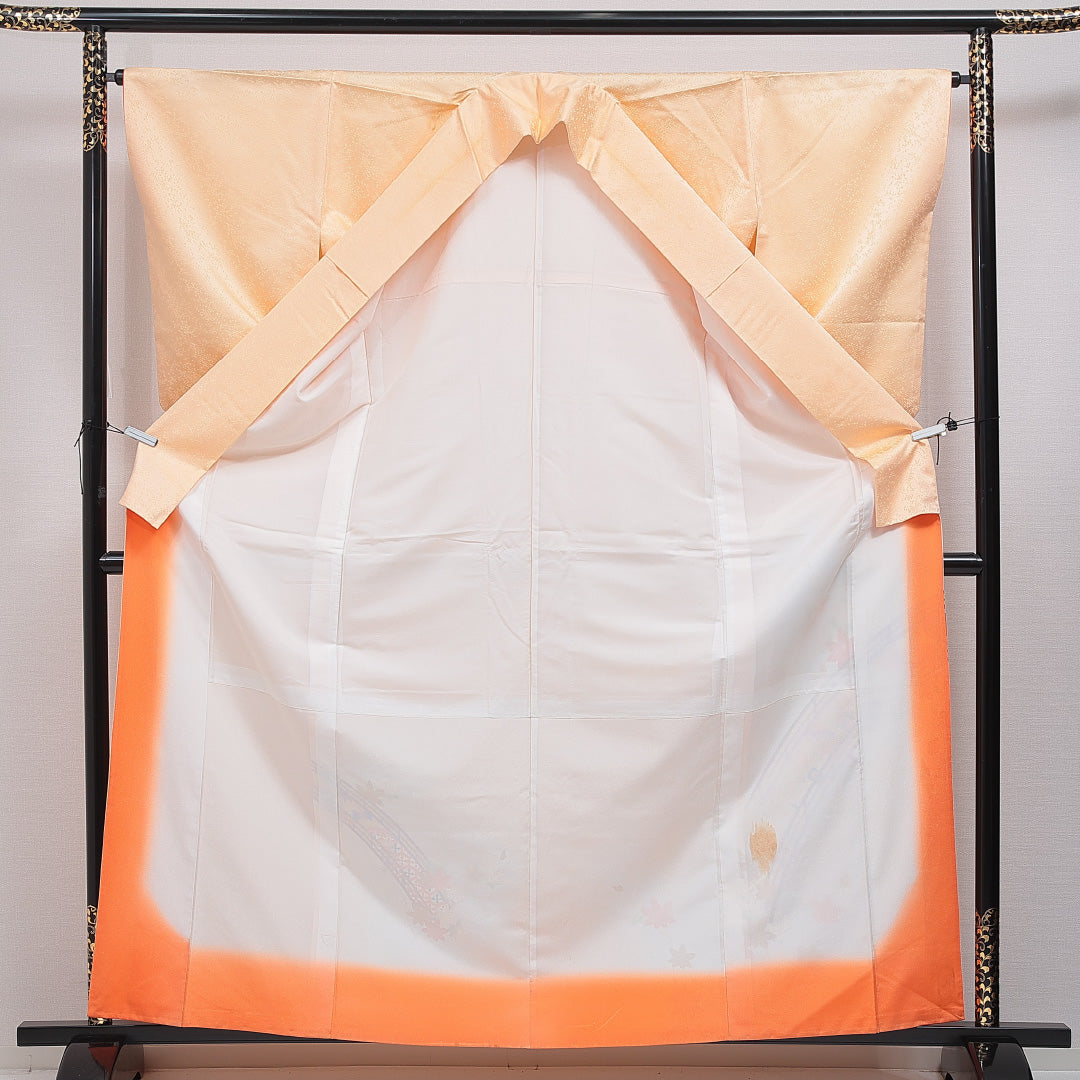 付下げ 洗える着物 袷 身丈162cm 裄丈64cm ポリエステル Cランク Lサイズ 広衿 インフォーマル 古典柄 橋 朱系 クリーム系 1261-16387