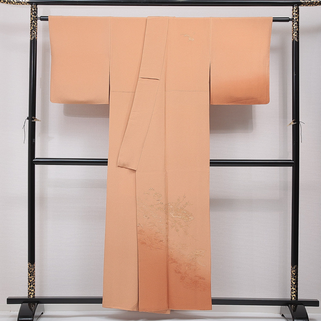 訪問着 身丈155cm 裄丈62cm 正絹 Sランク Mサイズ 広衿 一つ紋（五三桐） セミフォーマル 吉祥文様 刺繍 茶系 1212-15491