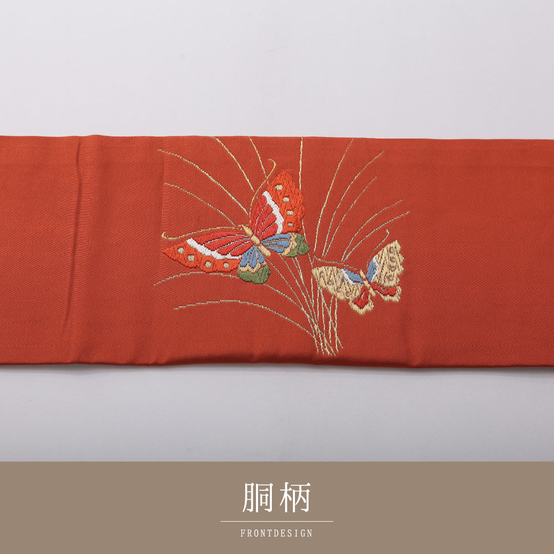 アンティーク 九寸名古屋帯 帯丈366cm カジュアル 名古屋仕立て ポイント柄 Dランク 正絹 蝶 朱系 金系 1224-03521