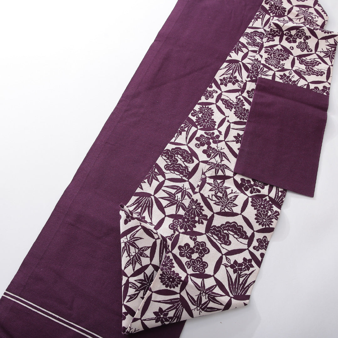 九寸名古屋帯 帯丈345cm カジュアル 名古屋仕立て 全通 Aランク 正絹 染め帯 古典柄 紫系 クリーム系 1224-03924