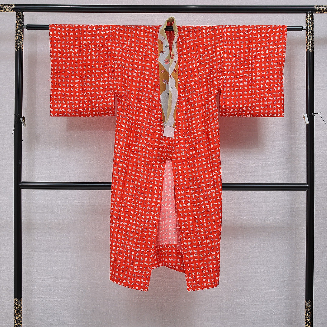 アンティーク 長襦袢 無双袖 身丈122cm 裄丈61cm 正絹 Aランク Sサイズ 創作柄 赤系 1229-16481