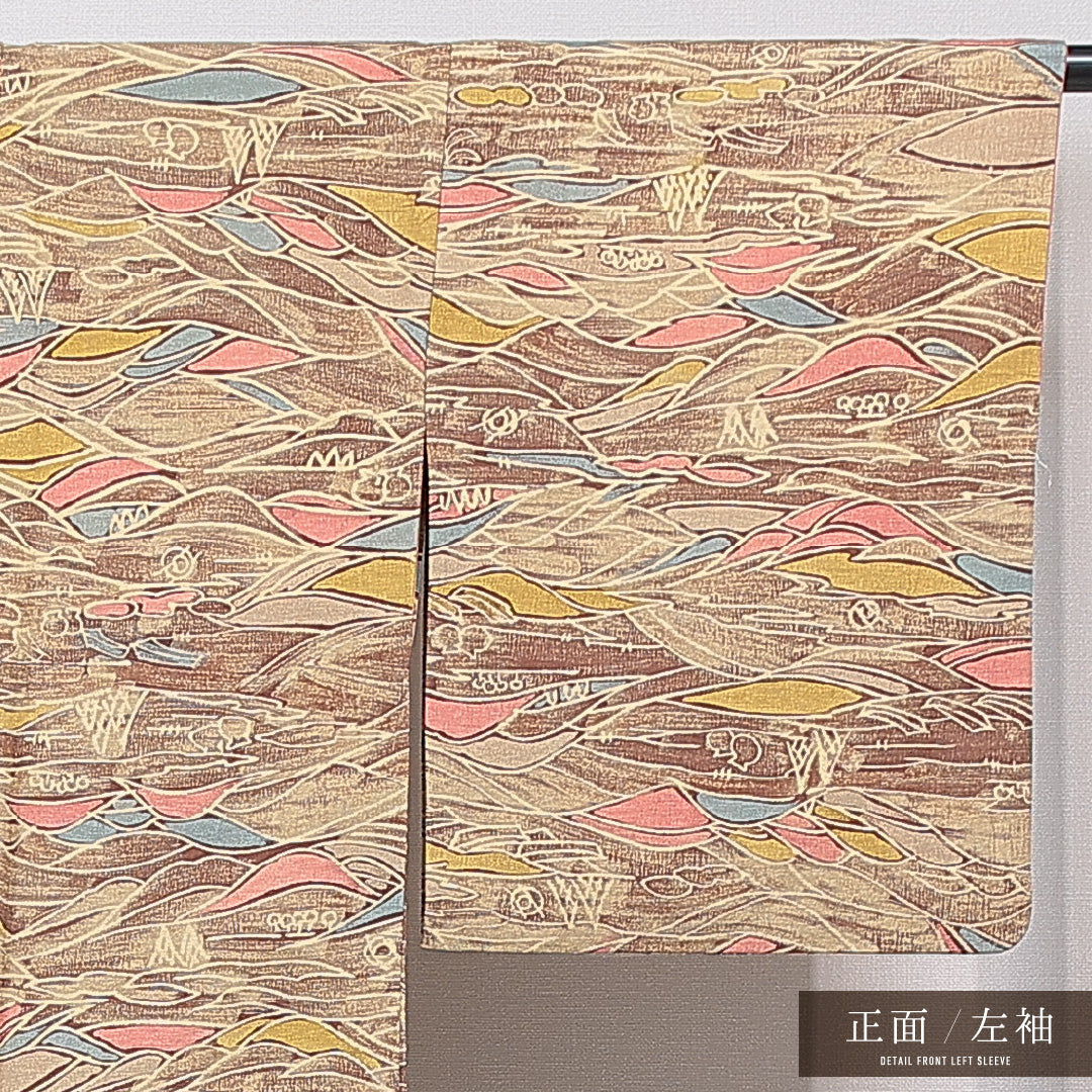 小紋 袷 身丈161cm 裄丈64cm 正絹 Sランク インフォーマル 広衿 Lサイズ 風景柄 茶系 RP 1221-15563
