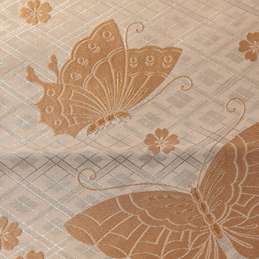 袋帯 帯丈448cm フォーマル 創作 リバーシブル Sランク 正絹 蝶 菱 クリーム系 金系 1223-01898