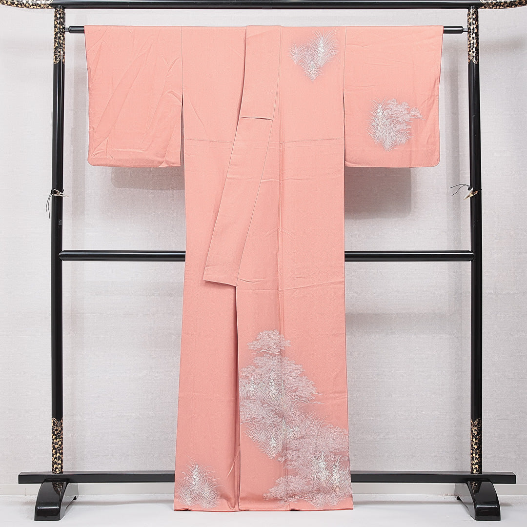 訪問着 袷 身丈164cm 裄丈63cm 正絹 Cランク セミフォーマル 広衿 Lサイズ 松 古典的 可愛らしい 朱系 RP 1217-15371