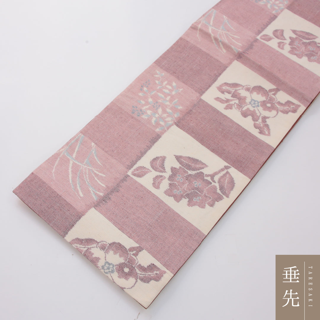 袋帯（紬） 帯丈428cm 正絹 全通 カジュアル 花柄 植物柄 ピンク系 1243-02318