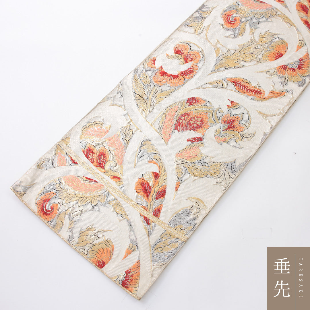 袋帯 帯丈410cm セミフォーマル 六通 未仕立て Cランク 正絹 唐華 クリーム系 1223-02228