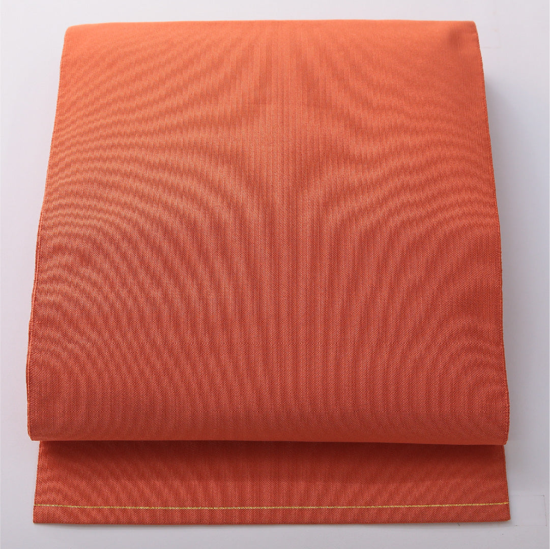 八寸名古屋帯 帯丈357cm カジュアル 松葉仕立て 全通 Aランク 正絹 無地 朱系 1224-03618