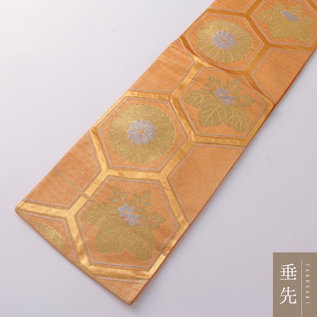 袋帯 帯丈404cm 正絹 六通 帯芯なし フォーマル 亀甲 菊 桐 吉祥文様 朱系 金系 1243-01925