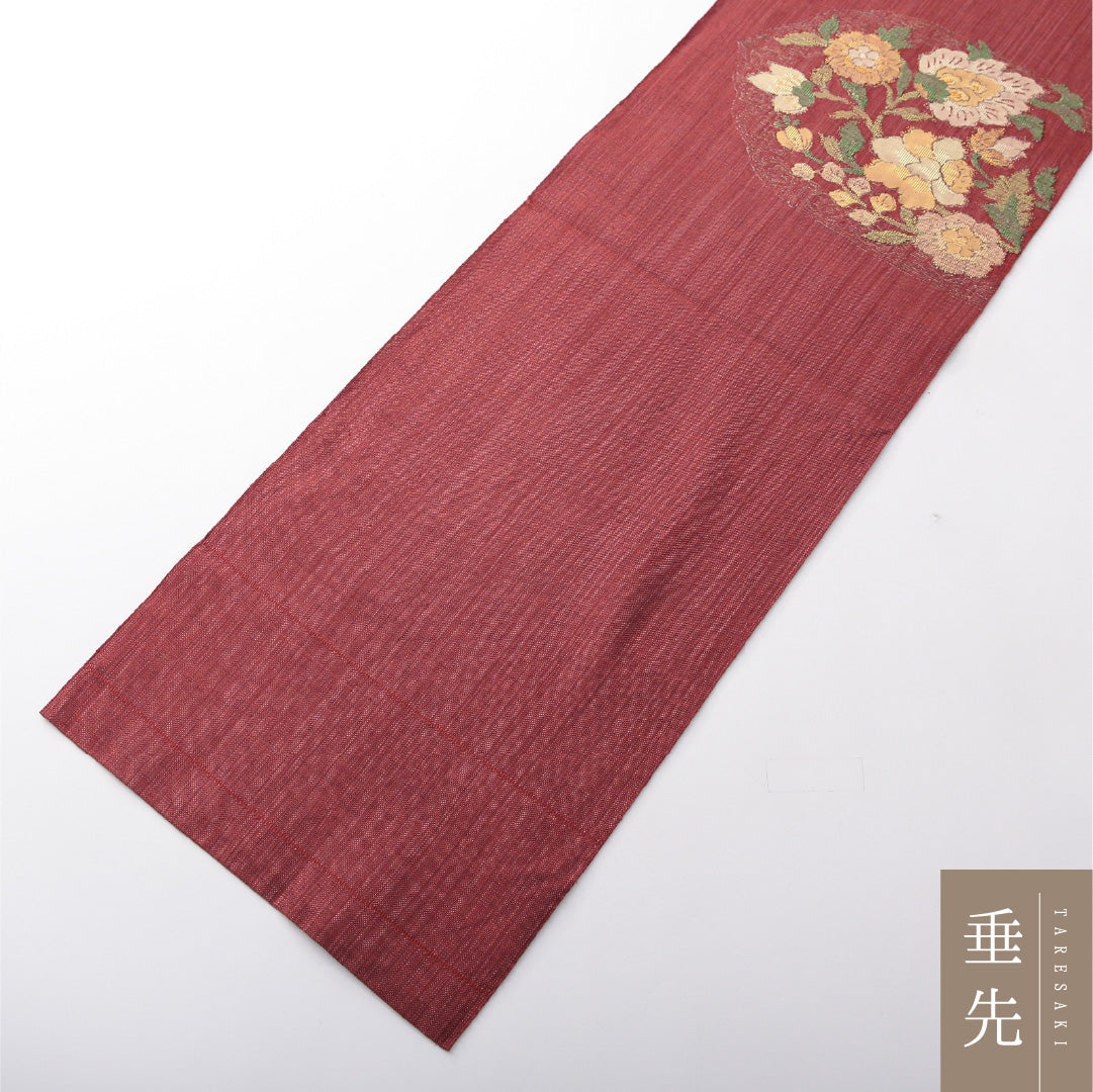 八寸名古屋帯 Sランク 帯丈364cm 正絹 ポイント柄 松葉仕立て 織り カジュアル 紬 唐草華文 赤系 RP 1245-03781