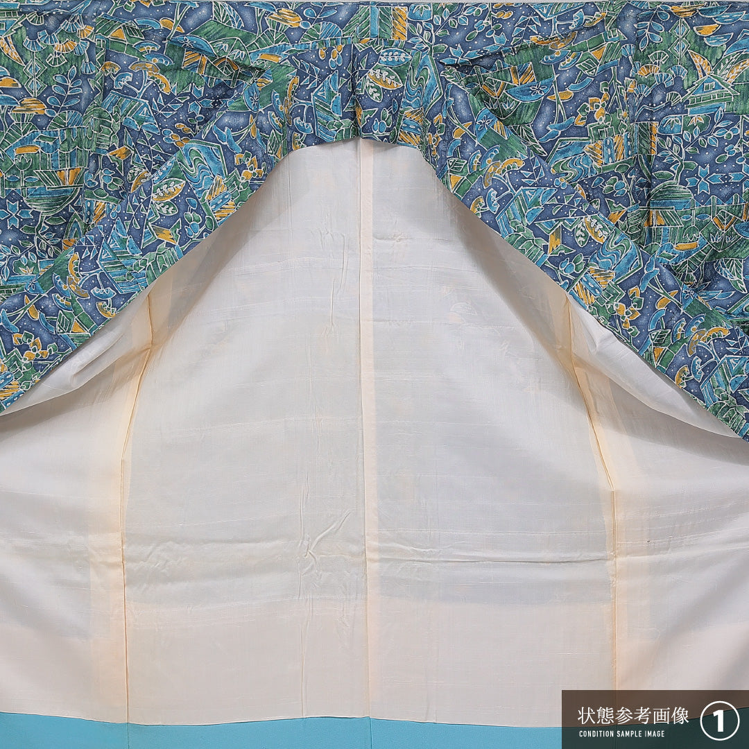 小紋 袷 身丈152cm 裄丈62cm 正絹 Aランク インフォーマル 広衿 Sサイズ チューリップ 笹 青系 RP 1221-15753