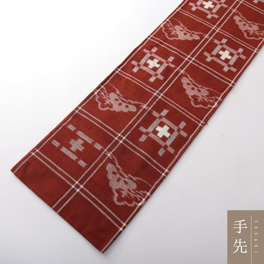 袋帯（紬） 帯丈418cm 正絹 全通 帯端のみ未仕立て 帯芯なし カジュアル 井桁絣 松 証紙 赤系 1243-02131