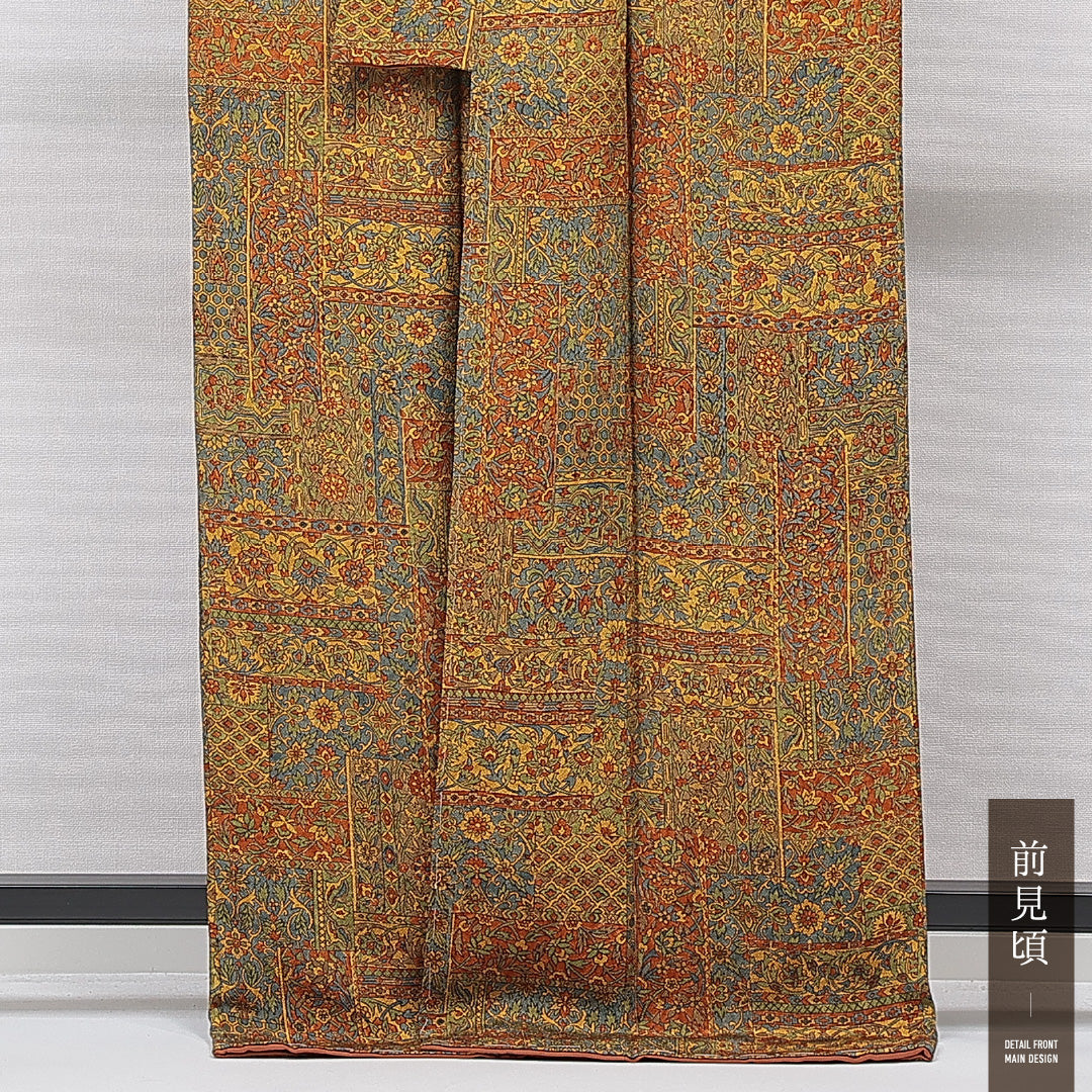 小紋 袷 身丈168cm 裄丈66cm 正絹 Sランク XLサイズ 広衿 インフォーマル 植物柄 多色系 黄系 1215-15657