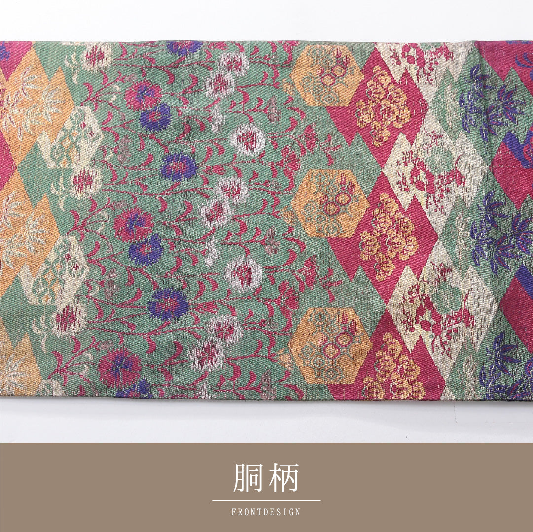 アンティーク 九寸名古屋帯 帯丈376cm 開き仕立て 全通 Dランク 正絹 蒲公英 吉祥文様 多色系 1224-03884