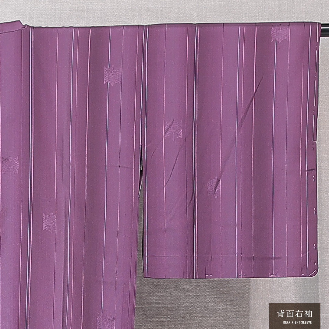 道行コート 単衣 身丈124cm 裄丈64cm 正絹 Sランク Mサイズ ポケットあり 縞 紫系 RP 1237-15174