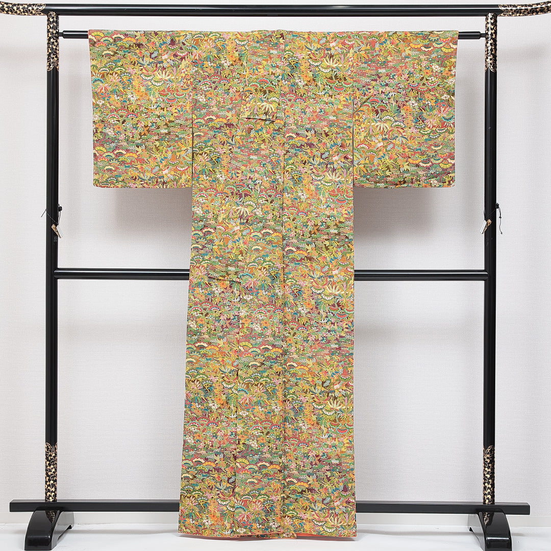 小紋 袷 身丈161cm 裄丈62cm 正絹 Sランク インフォーマル 広衿 Lサイズ 橘 笹 多色系 RP 1221-15016