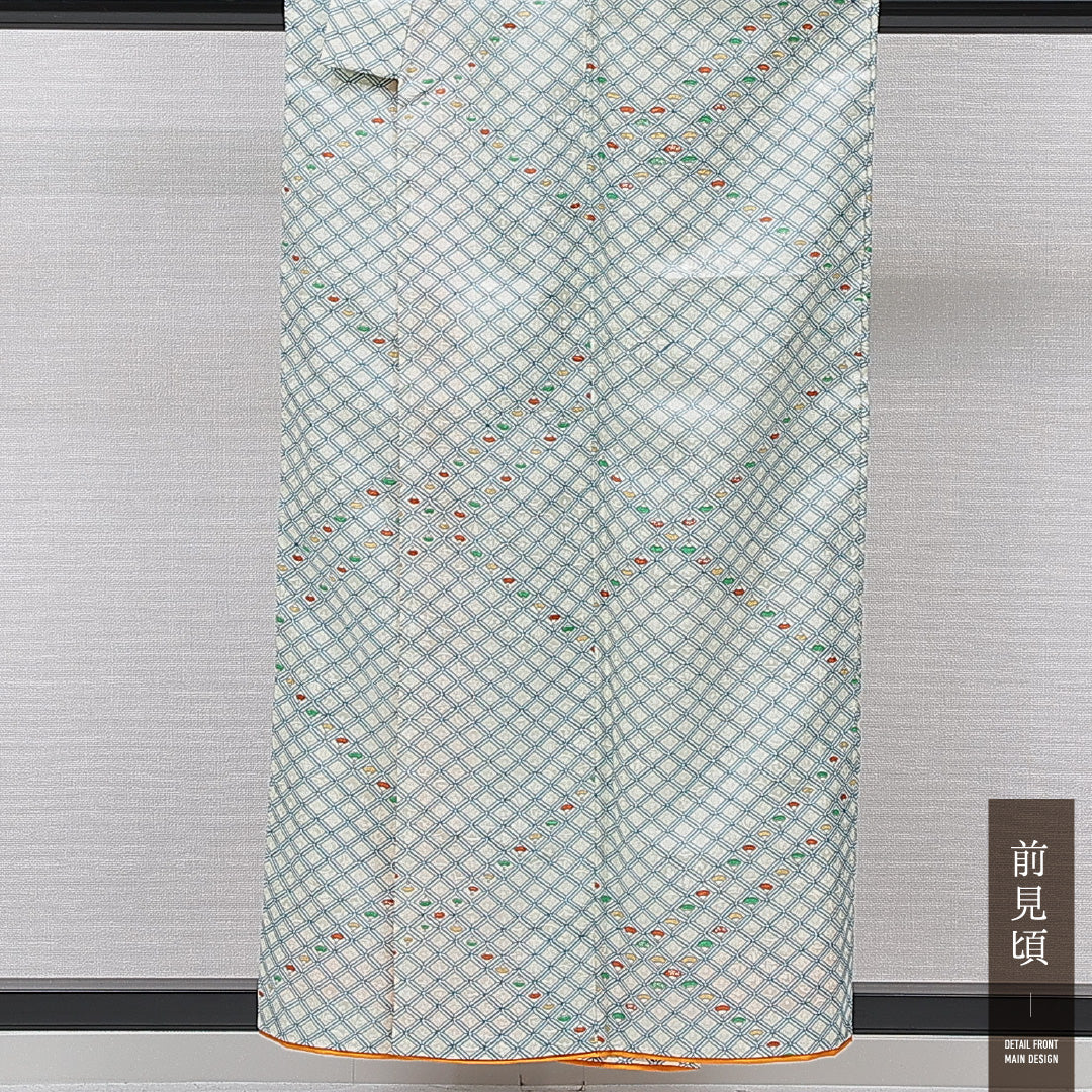 洗える着物 小紋 袷 身丈153cm 裄丈61cm ポリエステル Sランク インフォーマル バチ衿 Sサイズ 扇 白系 RP 1221-15814