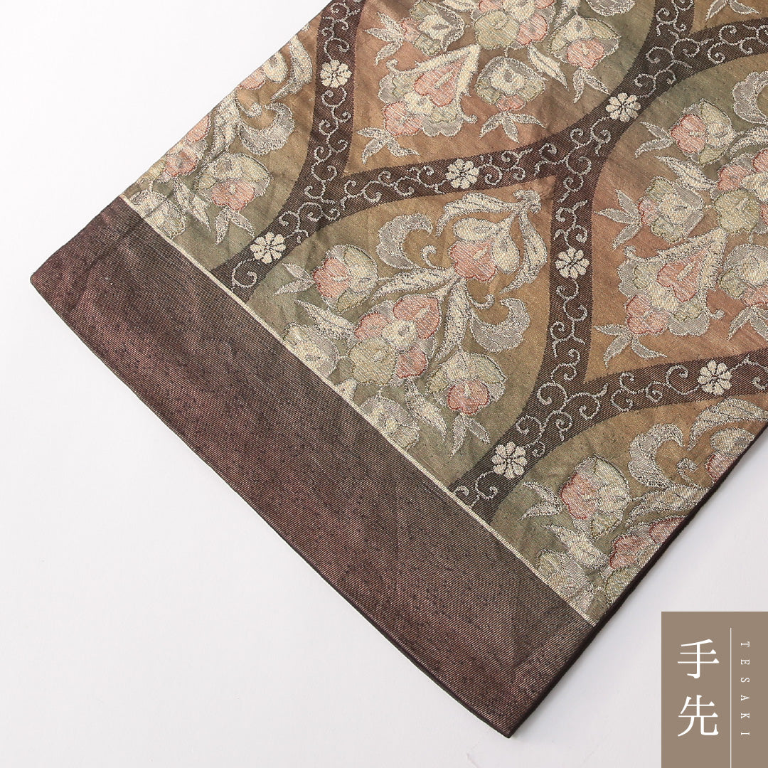 袋帯 帯丈430cm 正絹 全通 フォーマル ふくれ織 唐草華文 網目 茶系 緑系 1243-01742