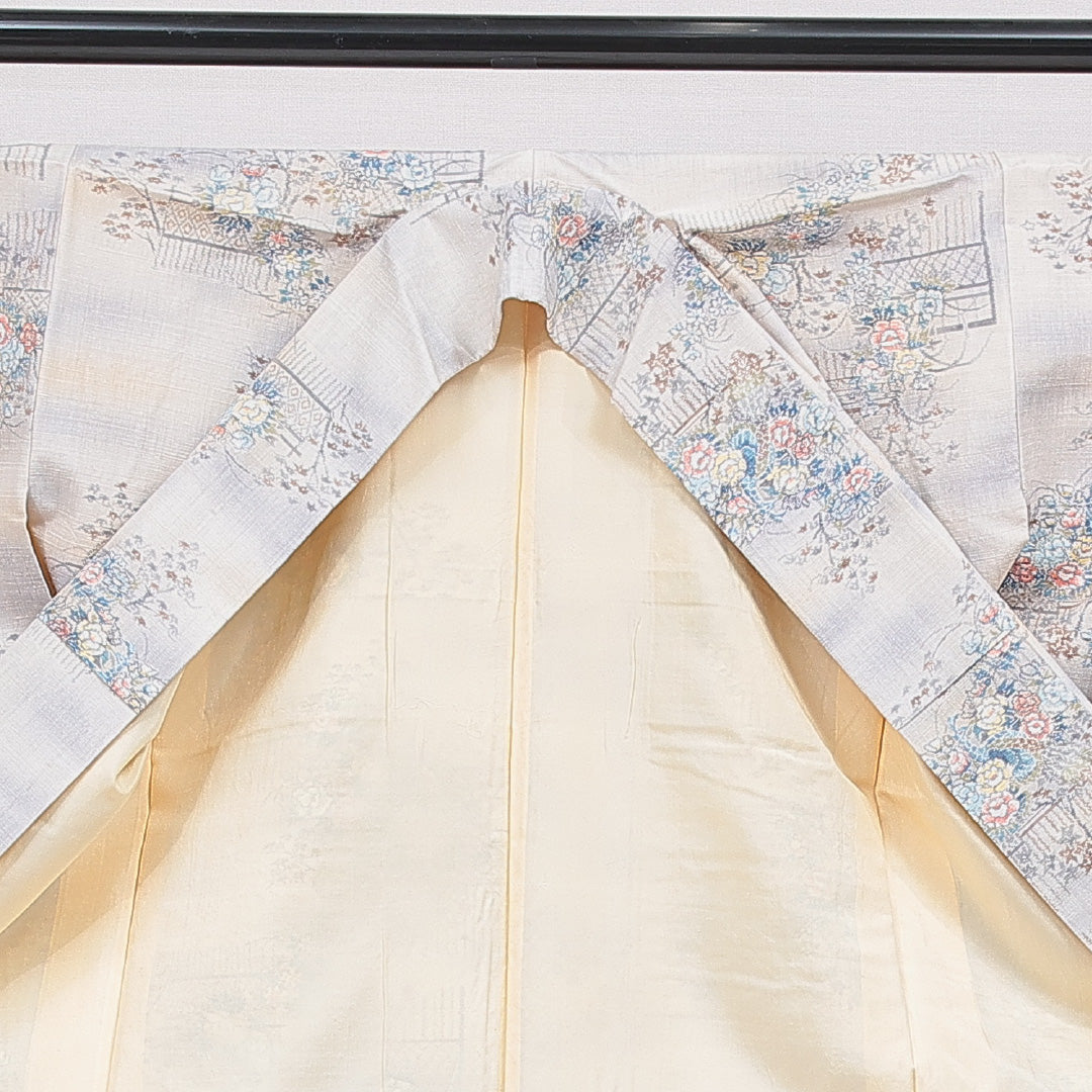 紬 袷 身丈164cm 裄丈66cm 正絹 Aランク Lサイズ 広衿 カジュアル 牡丹 クリーム系 1216-16662