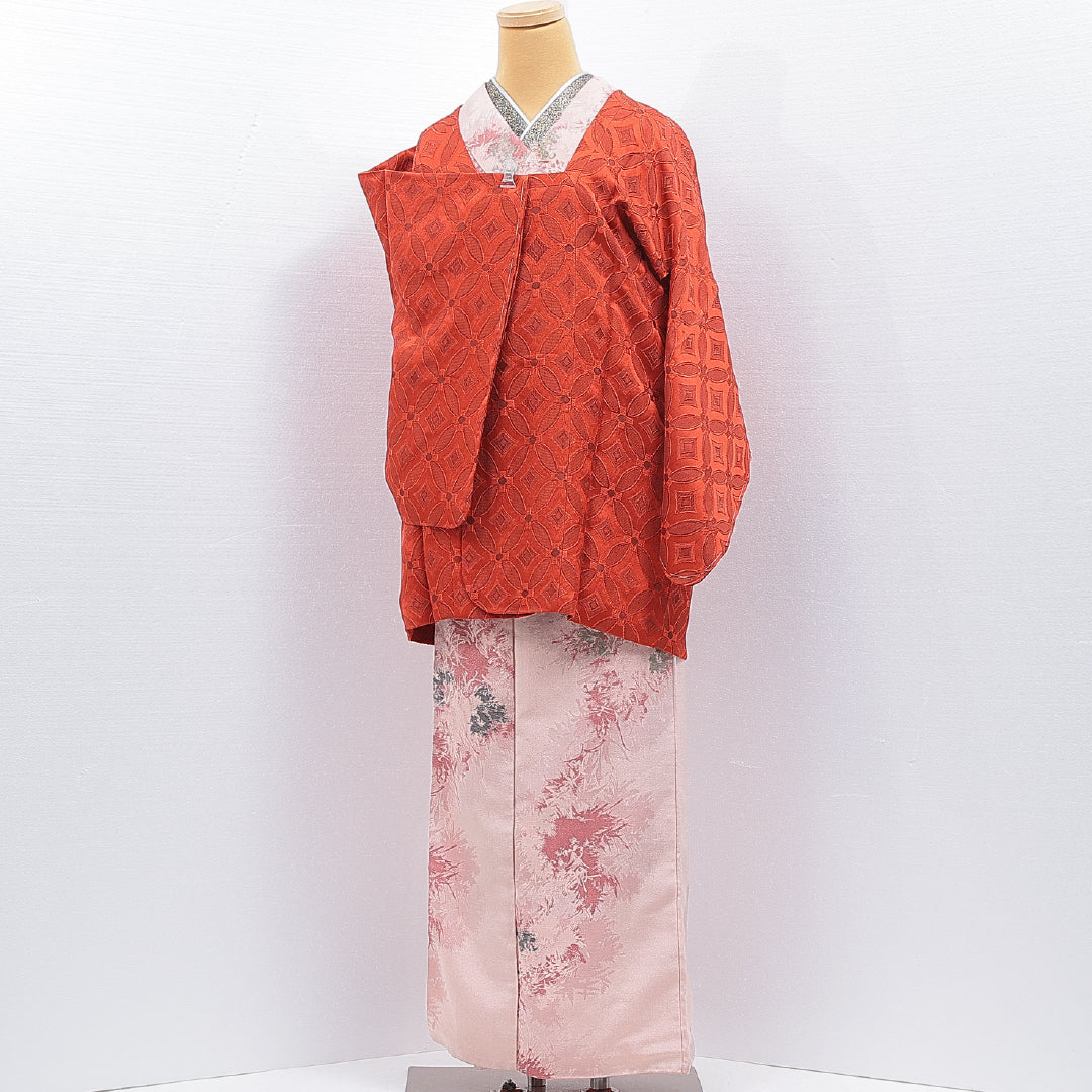 道行コート 袷 身丈81cm 裄丈61cm 正絹 Sランク セミフォーマル Sサイズ 織り出し ポケットあり 七宝 朱系 RP 1237-16792