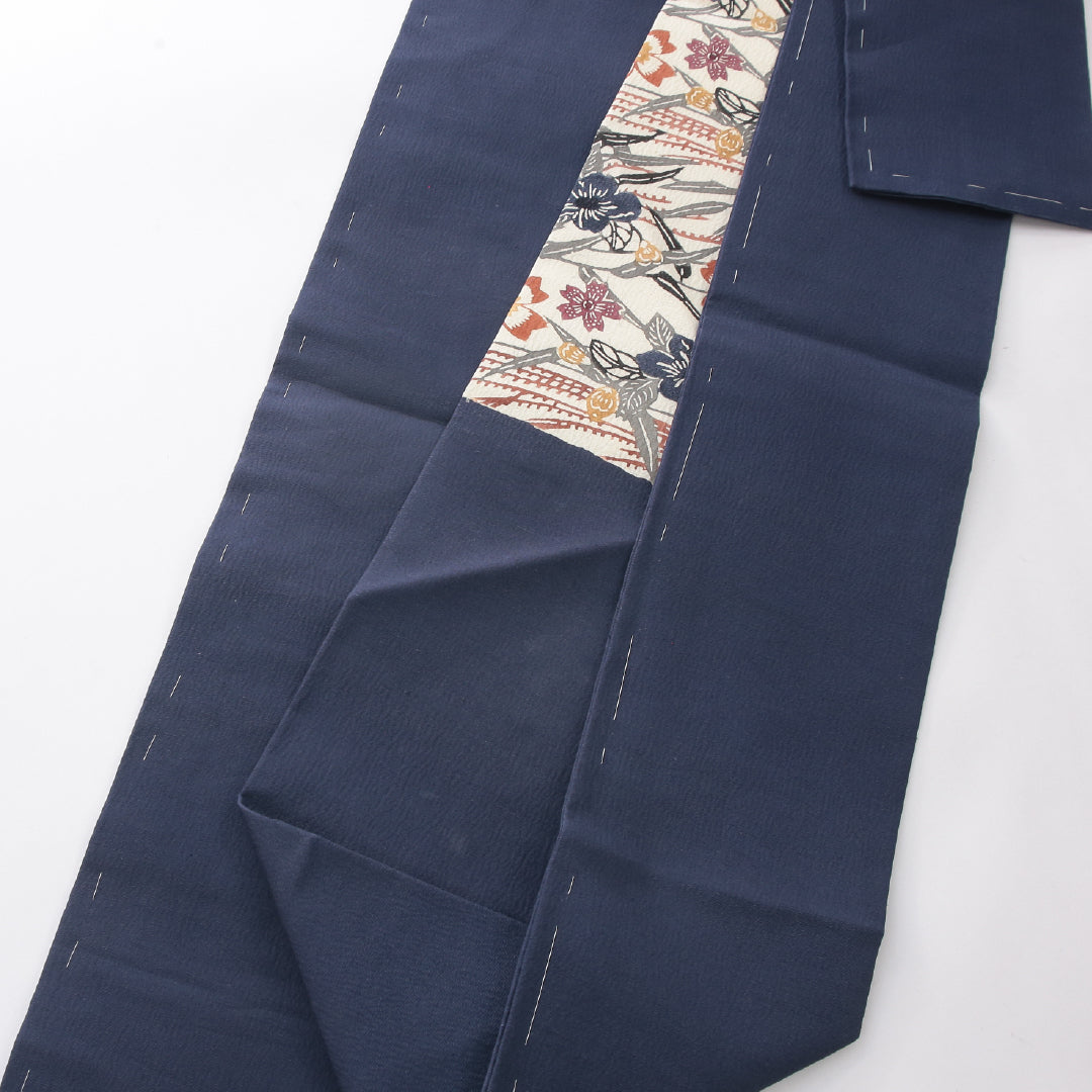 九寸名古屋帯 帯丈347cm インフォーマル 名古屋仕立て 六通 Cランク 正絹 染め帯 ちりめん 桜 クリーム系 紺系 1224-03986