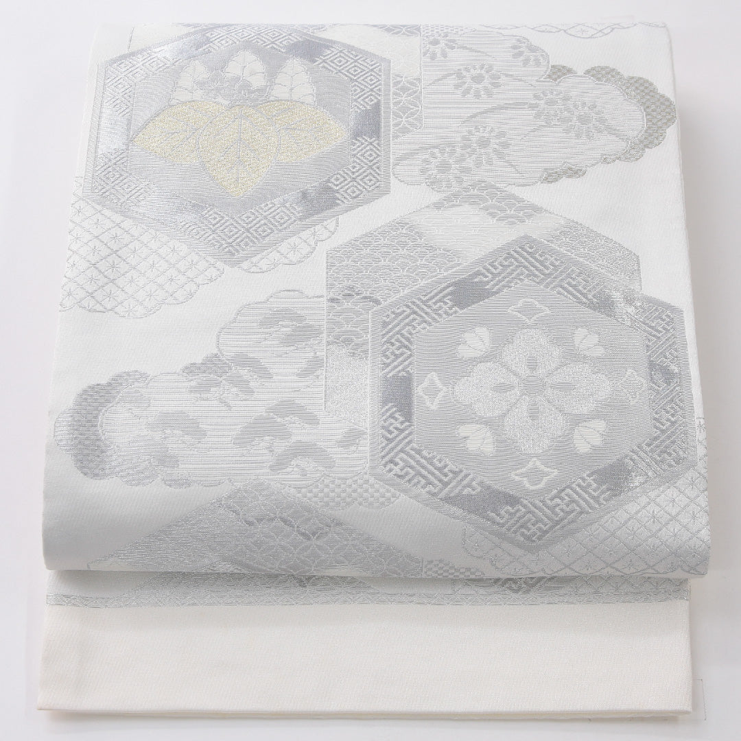 袋帯 帯丈438cm フォーマル 六通 未仕立て 帯芯なし Aランク 正絹 亀甲 クリーム系 銀系 1223-02231