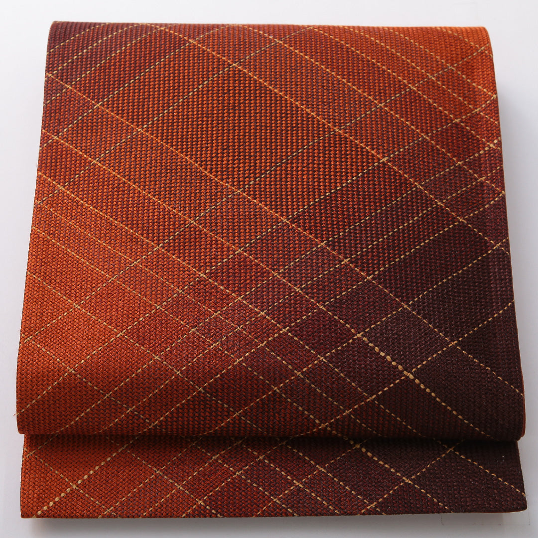 袋帯 帯丈440cm インフォーマル 六通 Aランク 正絹 格子 朱系 1223-02078