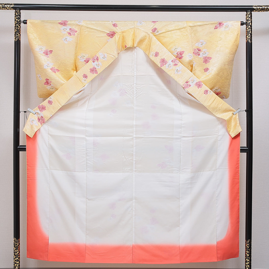 洗える着物 小紋 袷 身丈157cm 裄丈64cm ポリエステル Cランク インフォーマル バチ衿 Mサイズ 花柄 黄系 LP 1221-16433