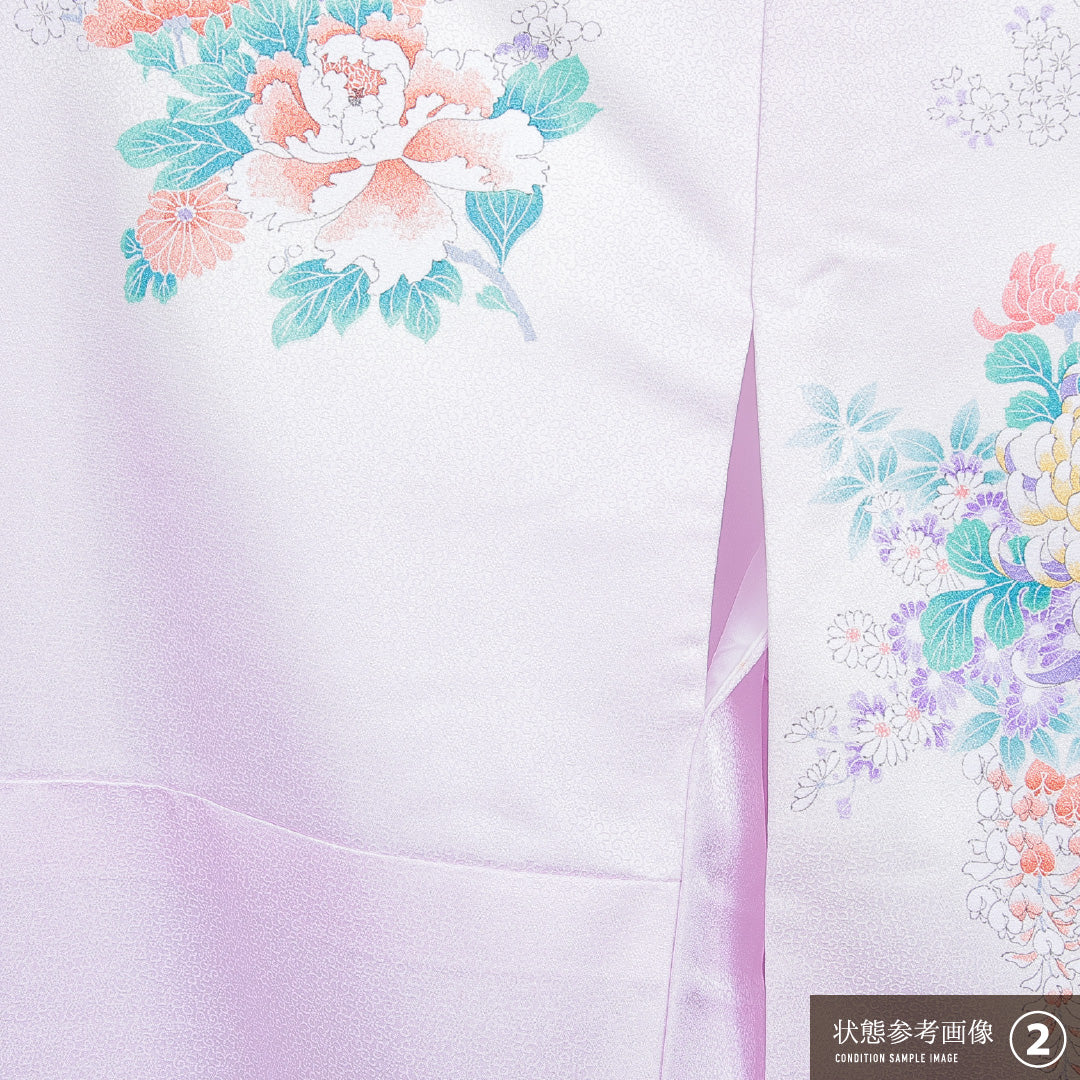 訪問着 洗える着物 袷 身丈164cm 裄丈64cm ポリエステル Aランク Lサイズ 広衿 セミフォーマル 熨斗 牡丹 紫系 1212-16213