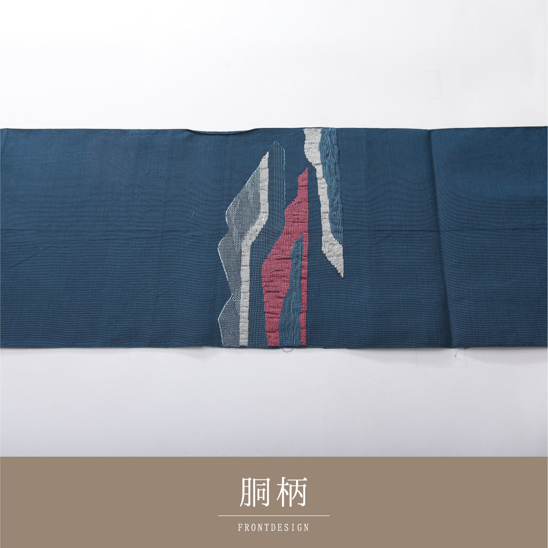 八寸名古屋帯 帯丈348cm カジュアル 松葉仕立て ポイント柄 Aランク 正絹 ふくれ織 山 青系 1224-03903