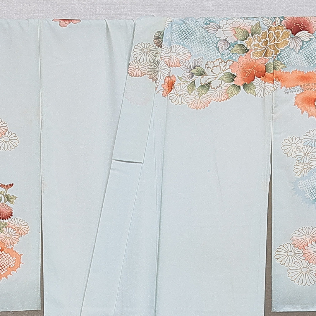 訪問着 洗える着物 袷 身丈160cm 裄丈64cm ポリエステル Cランク Lサイズ バチ衿 セミフォーマル 菊 桐 刺繍 水色系 1212-16096