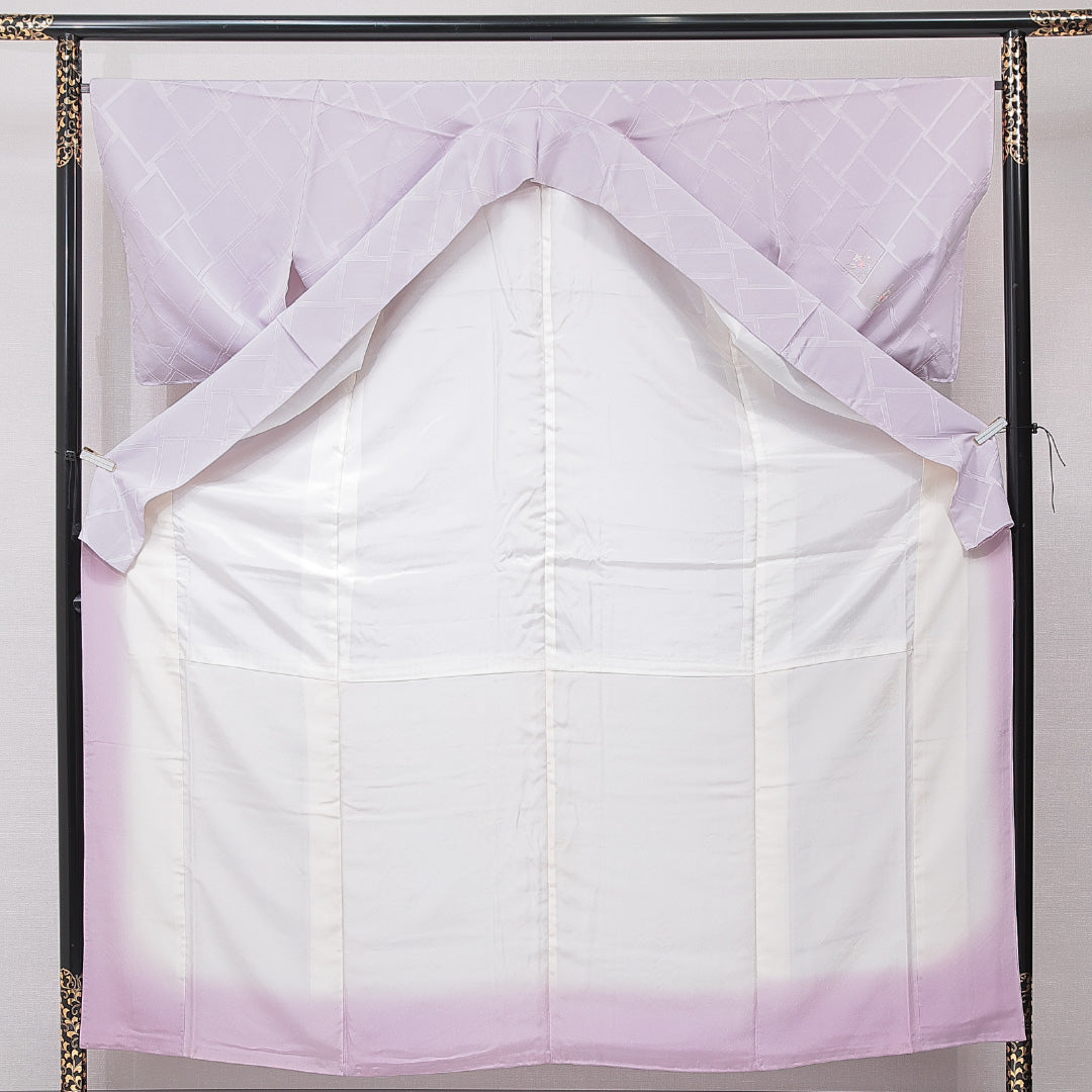 付下げ 袷 身丈156cm 裄丈65cm 正絹 Cランク 一つ紋 (桔梗) セミフォーマル 広衿 Mサイズ 刺繍 金駒刺繍 竜胆 笠松 紫系 HP 1218-15191
