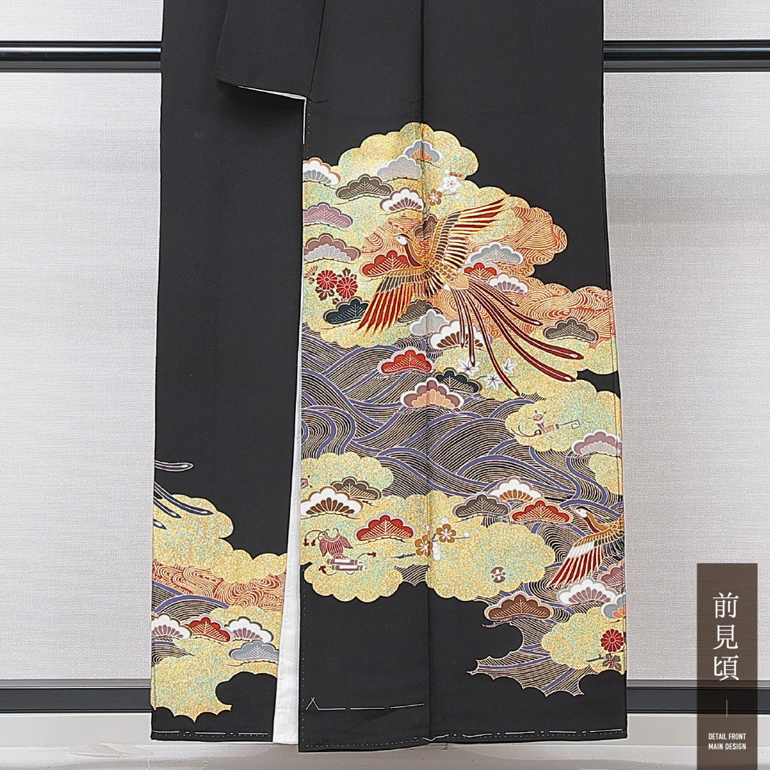 新古品 黒留袖 袷 身丈156cm 裄丈62cm 五つ紋 下がり藤 フォーマル Nランク Mサイズ 正絹 比翼仕立て 広衿 尾長鳥 菊 松 落款 しつけ糸 1211-F0656