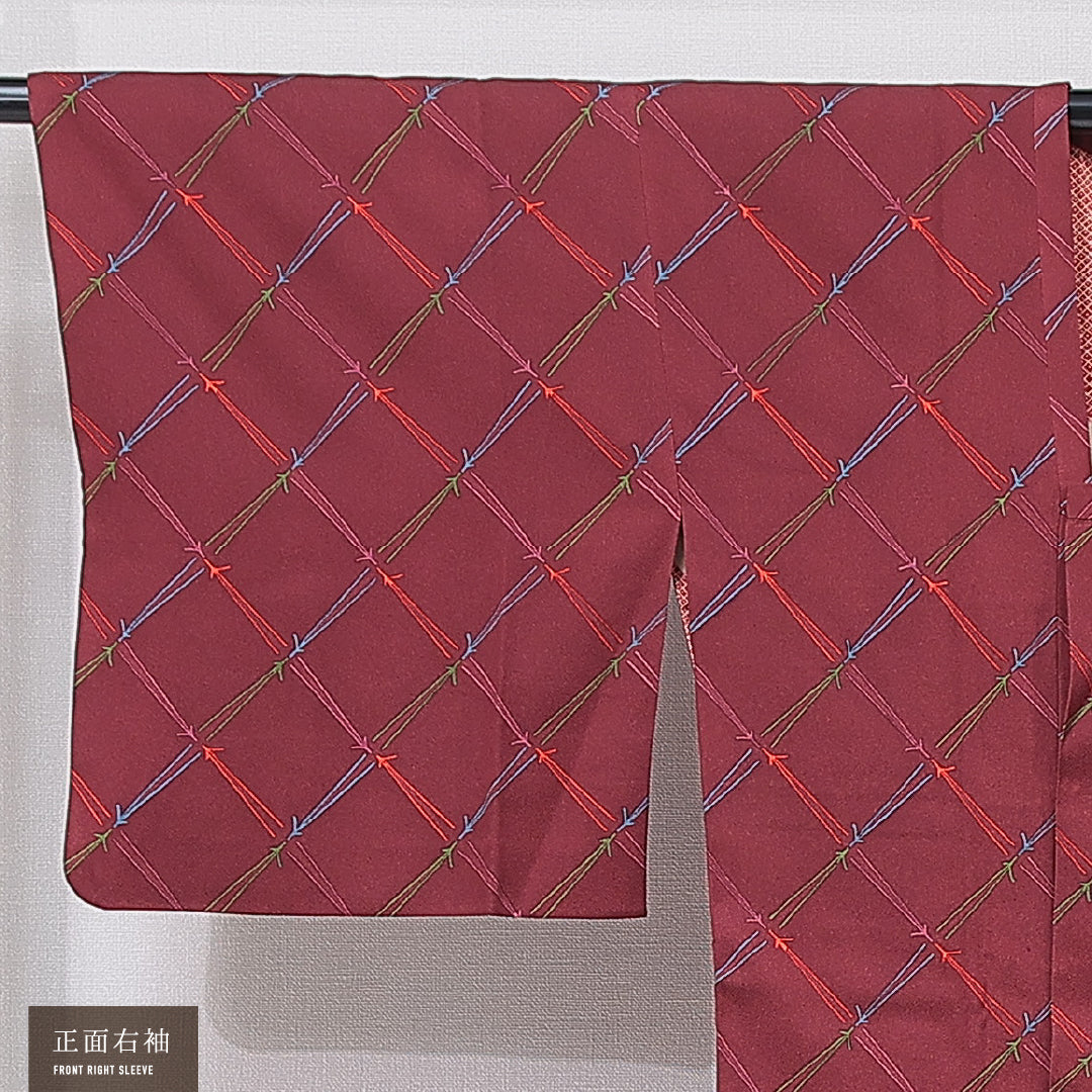 道行コート 袷 身丈94cm 裄丈65cm 正絹 Sランク セミフォーマル Mサイズ ポケットあり 松葉 赤系 RP 1237-16777