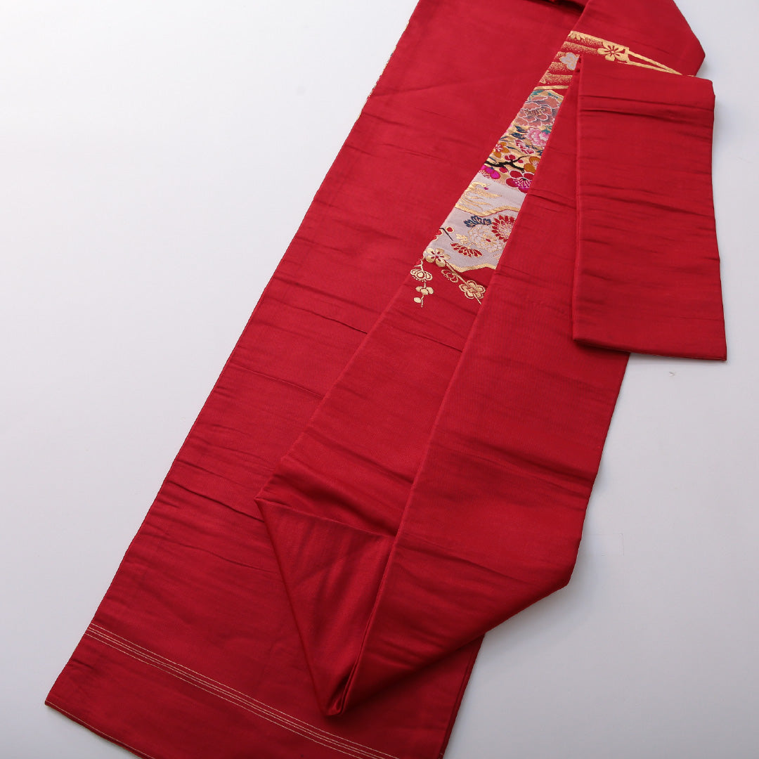 アンティーク 九寸名古屋帯 帯丈321cm インフォーマル 名古屋仕立て ポイント柄 Aランク 正絹 鳳凰 菊 赤系 1224-03526