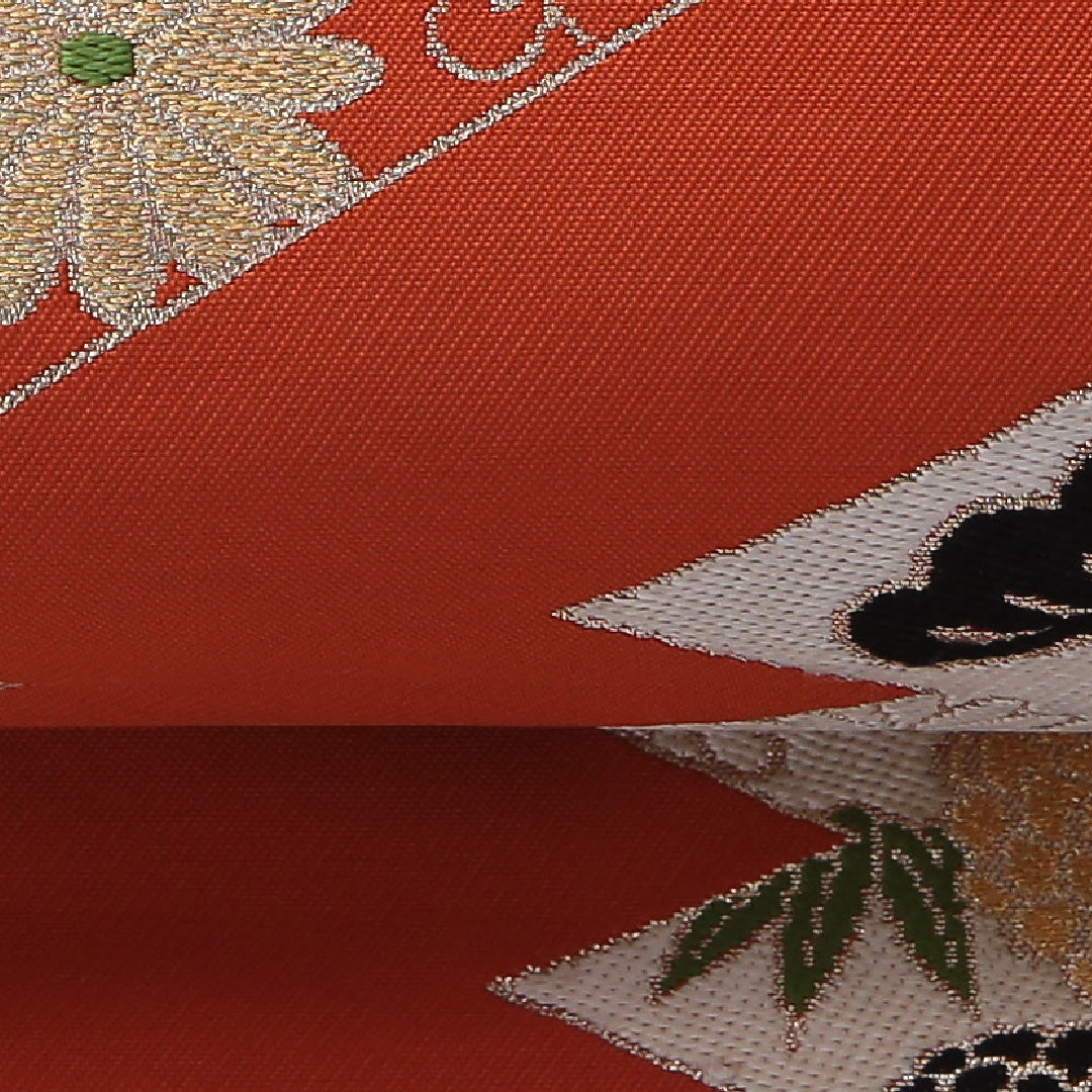 九寸名古屋帯 帯丈335cm カジュアル 名古屋仕立て 六通 Cランク 正絹 松皮菱 菊 松葉 朱系 1224-03602