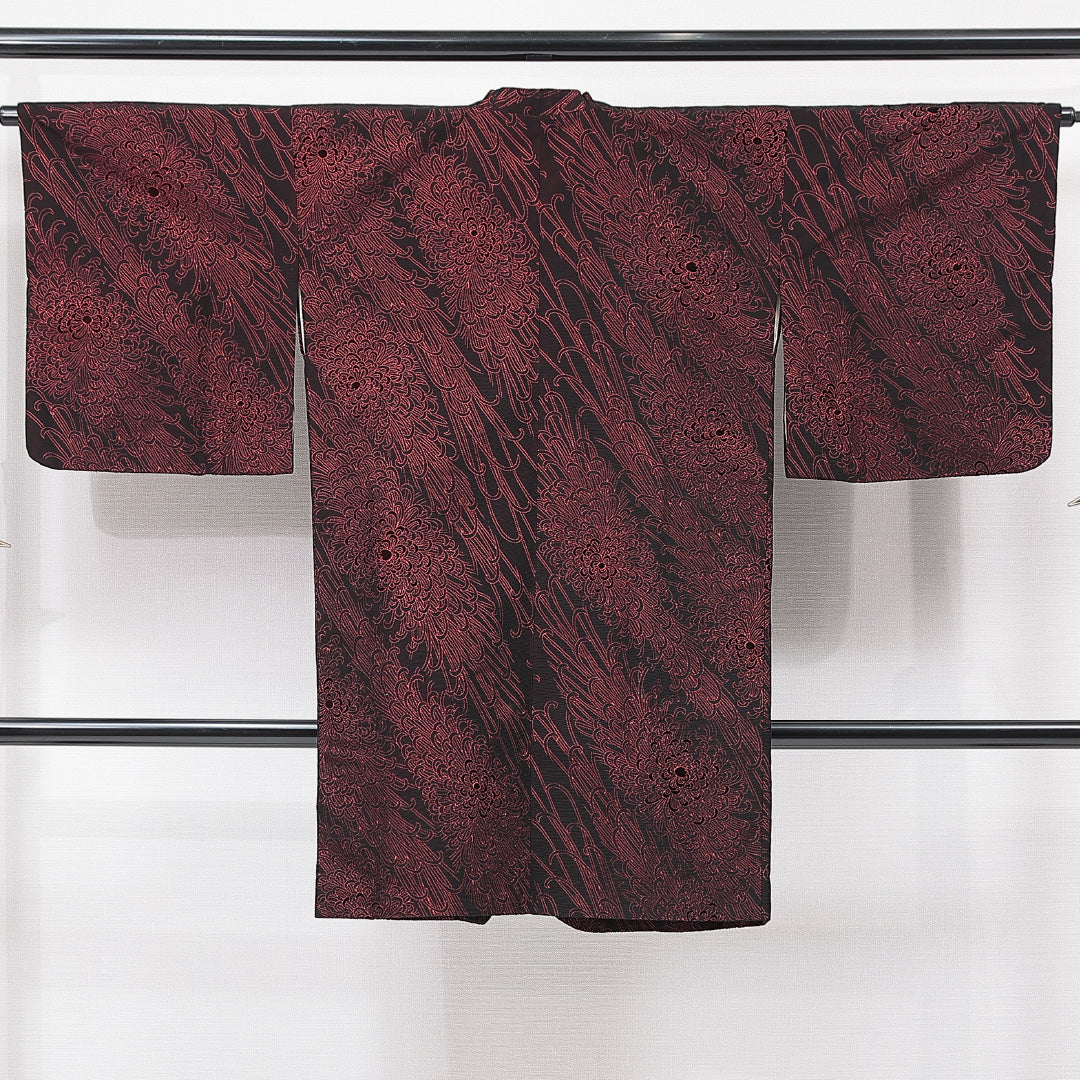 道行コート 袷 身丈103cm 裄丈31cm 正絹 Aランク Sサイズ フォーマル ポケットあり 植物柄 黒系 赤系 1263-15128